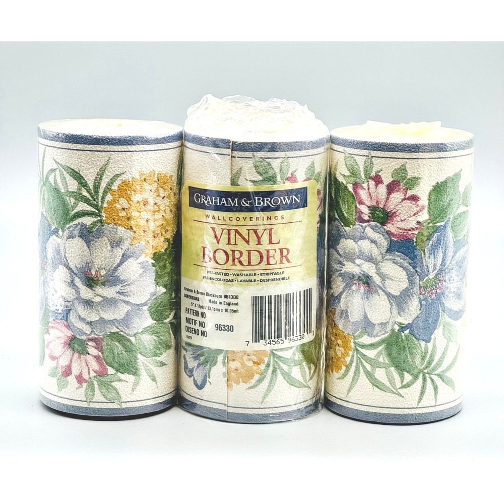 Graham Brown Vinyl Wallpaper Border Blue Floral Motif 96330 Lot of 3